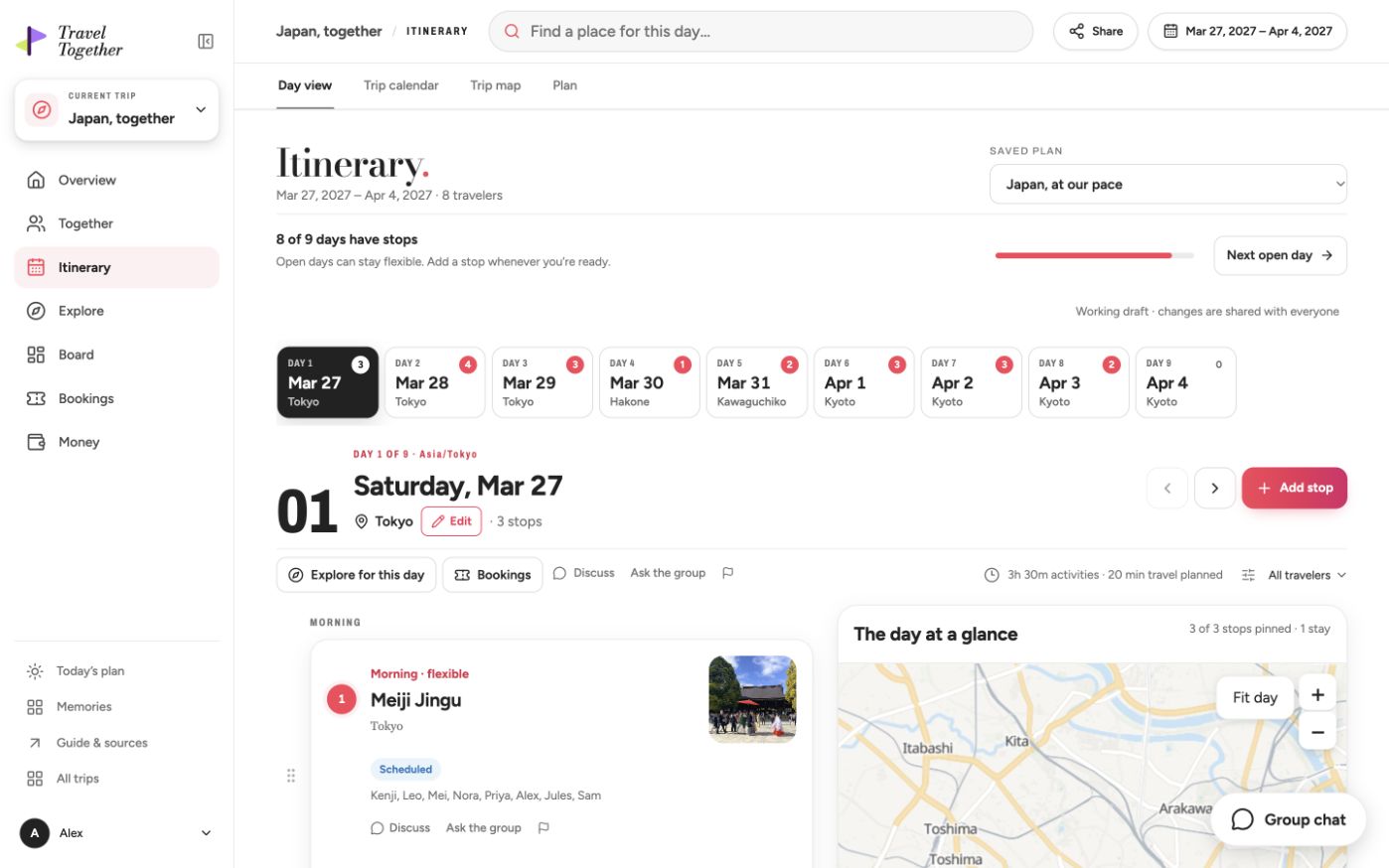 The real day planner with dated day tabs, scheduled stops and the day itinerary map for a fictional Tokyo day.