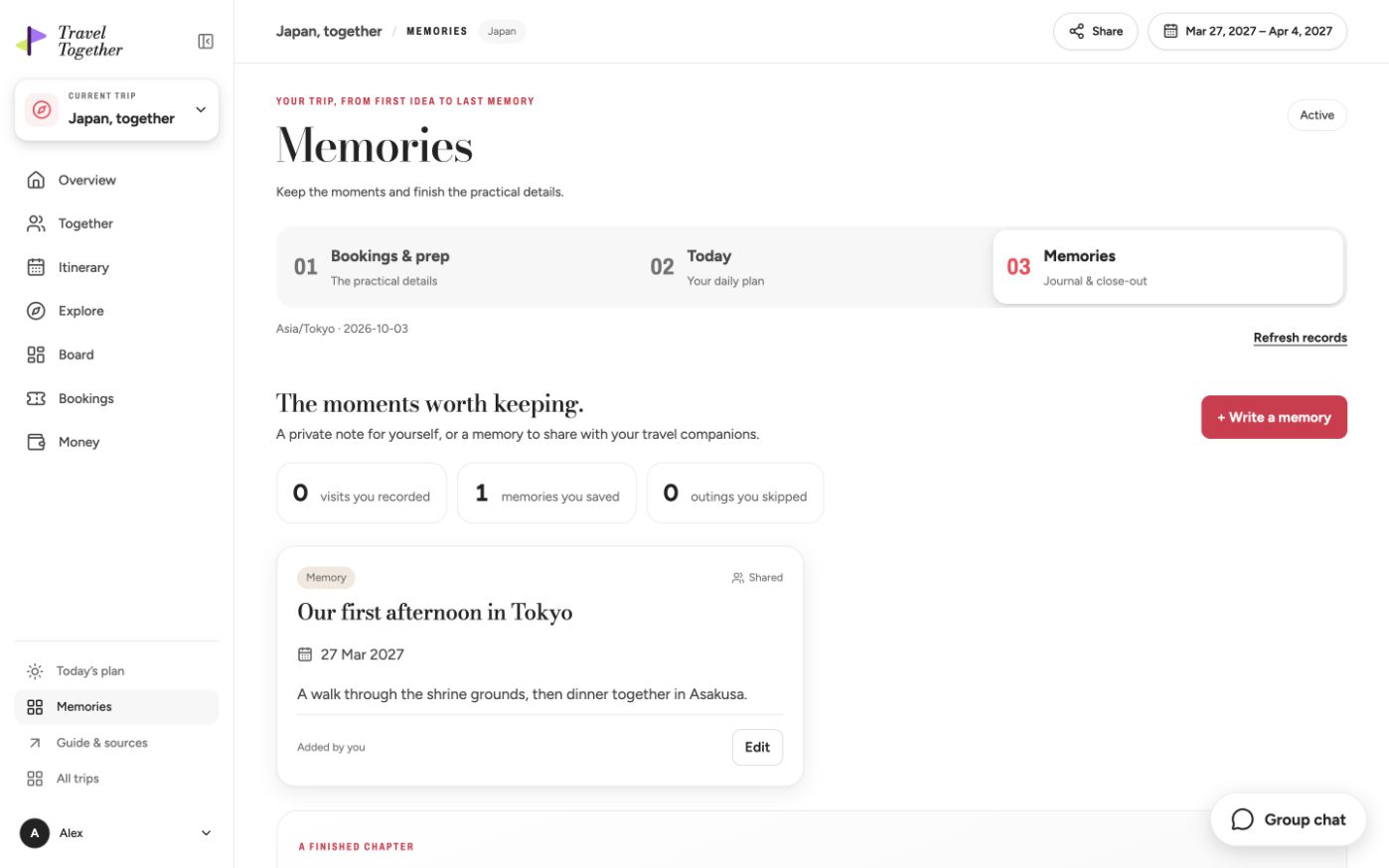 The real Memories screen with a saved fictional shared journal entry and controls to write or edit a memory.