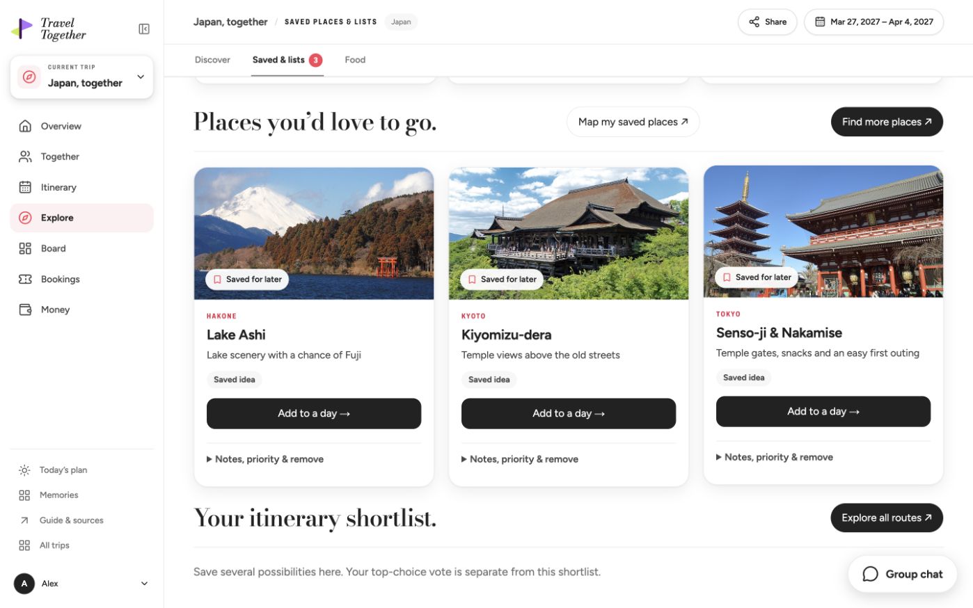 The real saved-places screen showing Lake Ashi, Kiyomizu-dera and Senso-ji in a fictional Japan trip.