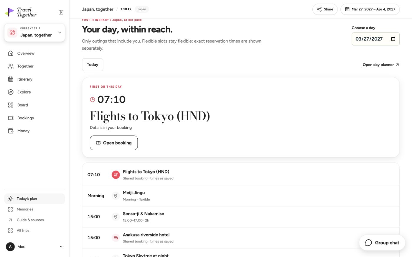 The real travel-day view with the day’s plan and fictional booking details.