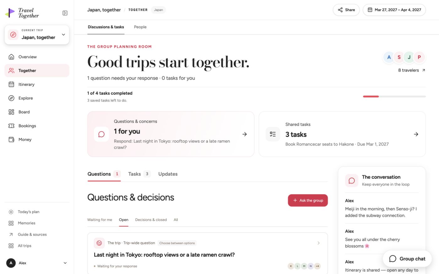 The real Together workspace showing group questions and responses from fictional travelers.